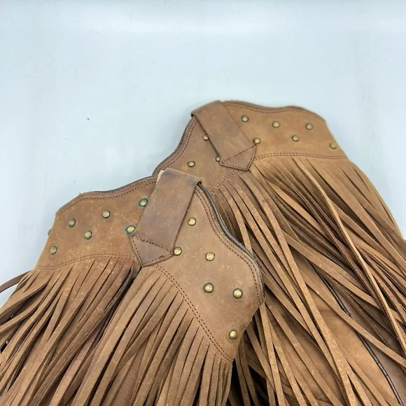 Old West Sz 8 Brown Leather Fringe Western Cowgirl Boho Boots - Picture 10 of 15